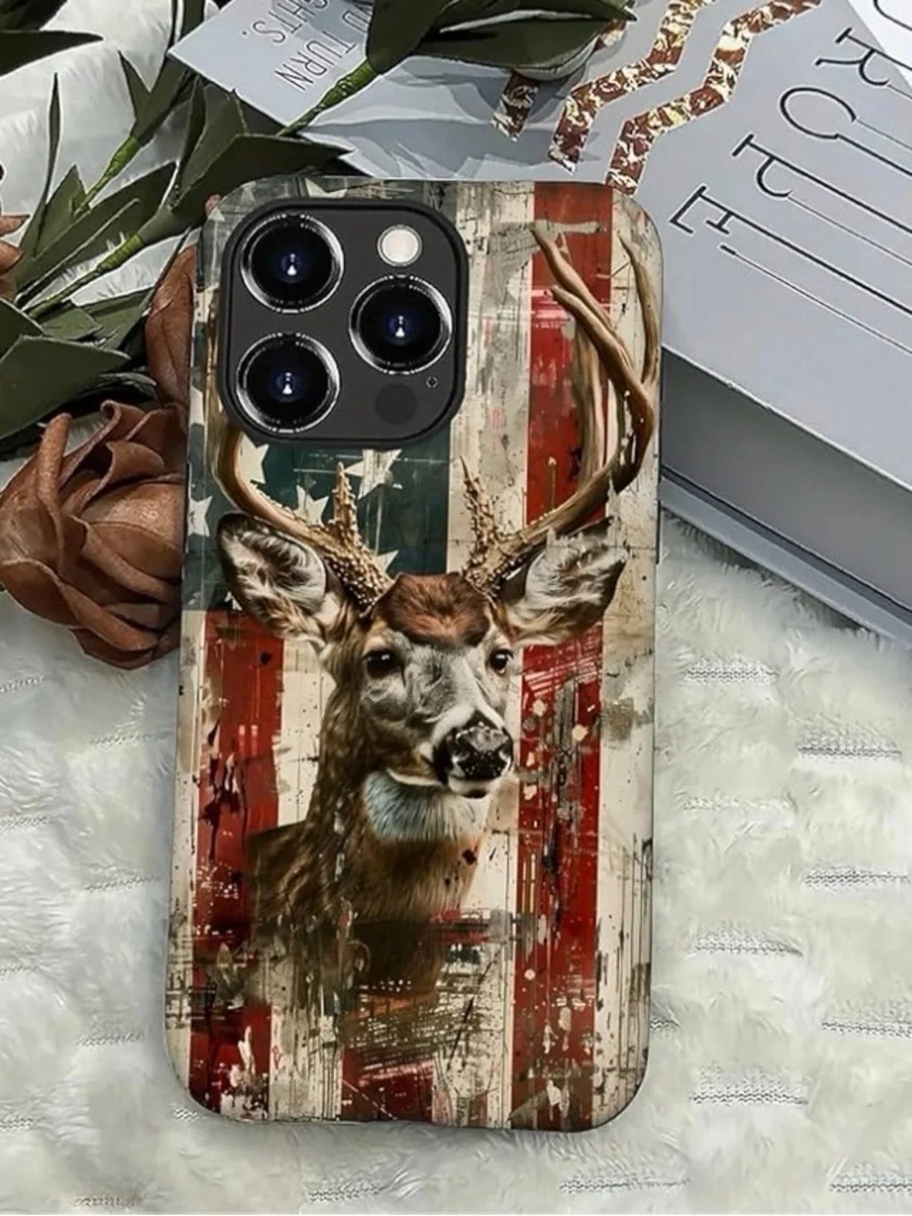 Deer Head Patriotic iPhone Case - Rustic American Flag Design 16 Max Pro